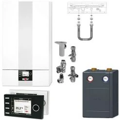 WOLF CGB-2 24 KW Gasbrennwert-Heizungspaket Mit Bedienmodul BM-2 In Schwarz Und Verrohrungsgruppe Heizkreis