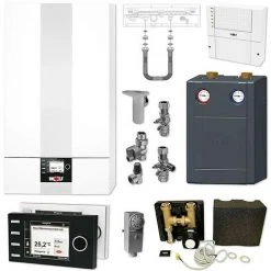 WOLF CGB-2 24 KW Gasbrennwert-Heizungspaket Mit Bedienmodul BM-2 In Schwarz Und Verrohrungsgruppe Mischkreis