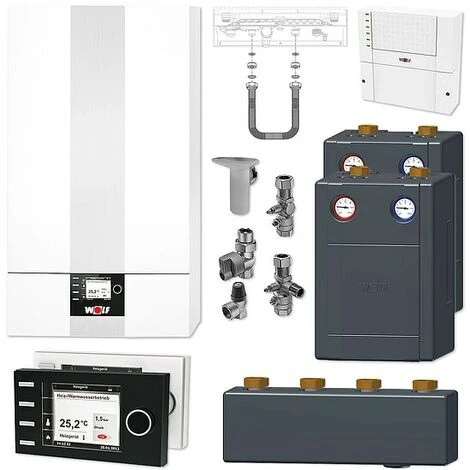 WOLF CGB-2 14 KW Gasbrennwert-Heizungspaket Mit Bedienmodul BM-2 In Weiß Und Verrohrungsgruppen Heiz- & Mischkreis 1 WOLF CGB-2 14 KW Gasbrennwert-Heizungspaket Mit Bedienmodul BM-2 In Weiß Und Verrohrungsgruppen Heiz- & Mischkreis